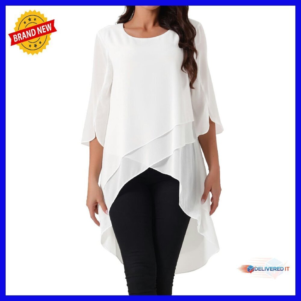 Chiffon Asymmetrical High Low Blouse 3/4 Sleeve Loose Fit Summer Top